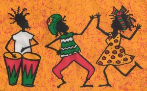 An illustration in traditional African style of three figures dancing