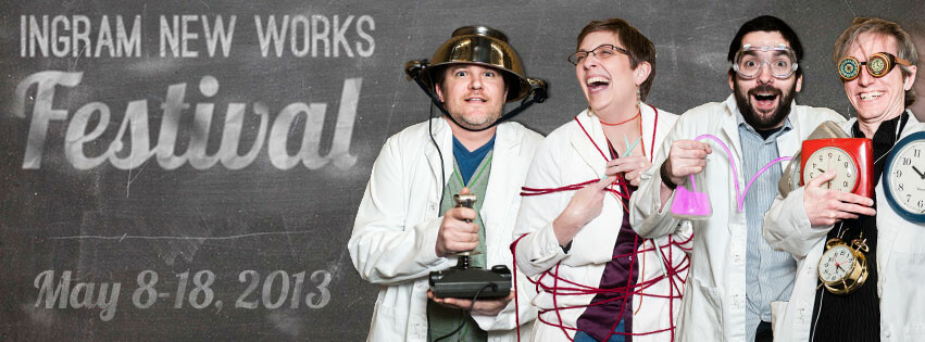 Poster for Ingram New Works Festival featuring four performers in lab coats.