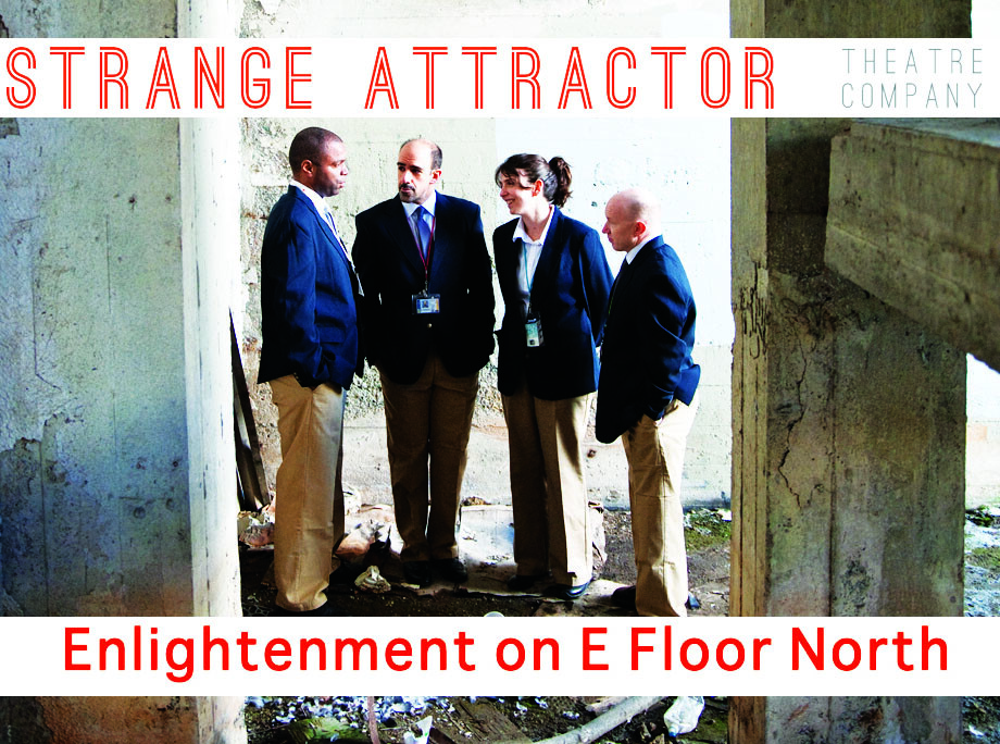 Poster for Enlightenment on E Floor North, which shows four performers in business suits.