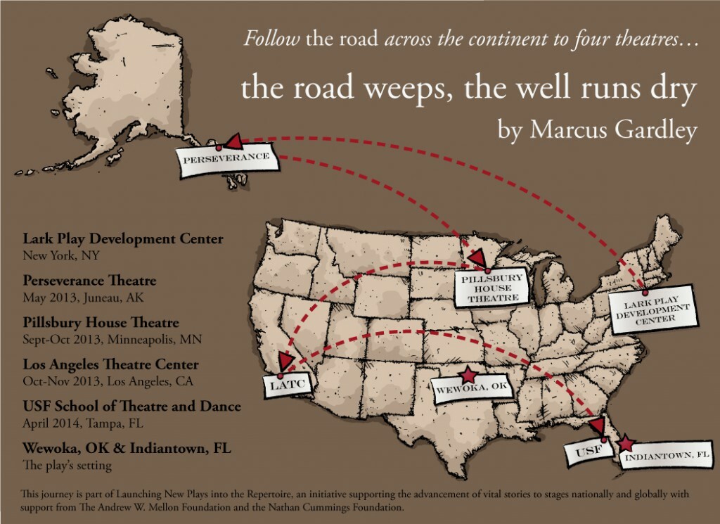 Map of U.S. theaters that helped in the development of The Road Weeps, The Well Runs Dry.