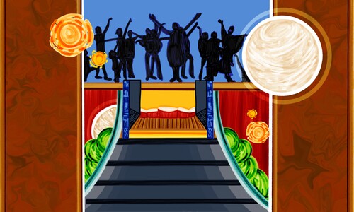 illustration of people in shadow above a colorful stage